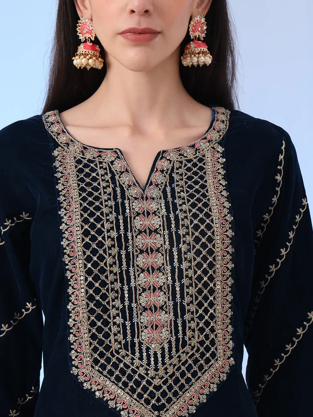 Yufta Navy Blue Velvet Zari Work Kurta Trouser Dupatta Set | Grocsy