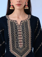 Yufta Navy Blue Velvet Zari Work Kurta Trouser Dupatta Set | Grocsy