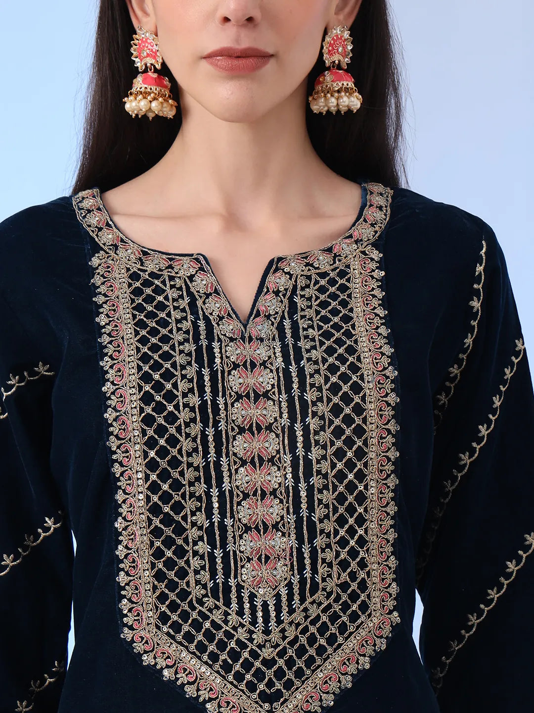 Yufta Navy Blue Velvet Zari Work Kurta Trouser Dupatta Set | Grocsy