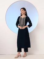 Yufta Navy Blue Velvet Zari Work Kurta Trouser Dupatta Set | Grocsy