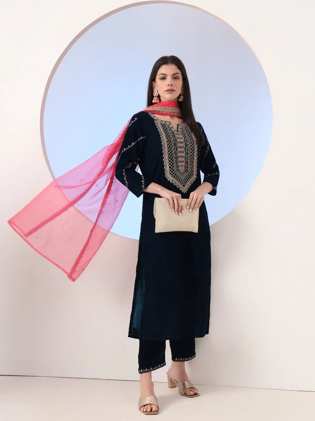 Yufta Navy Blue Velvet Zari Work Kurta Trouser Dupatta Set | Grocsy