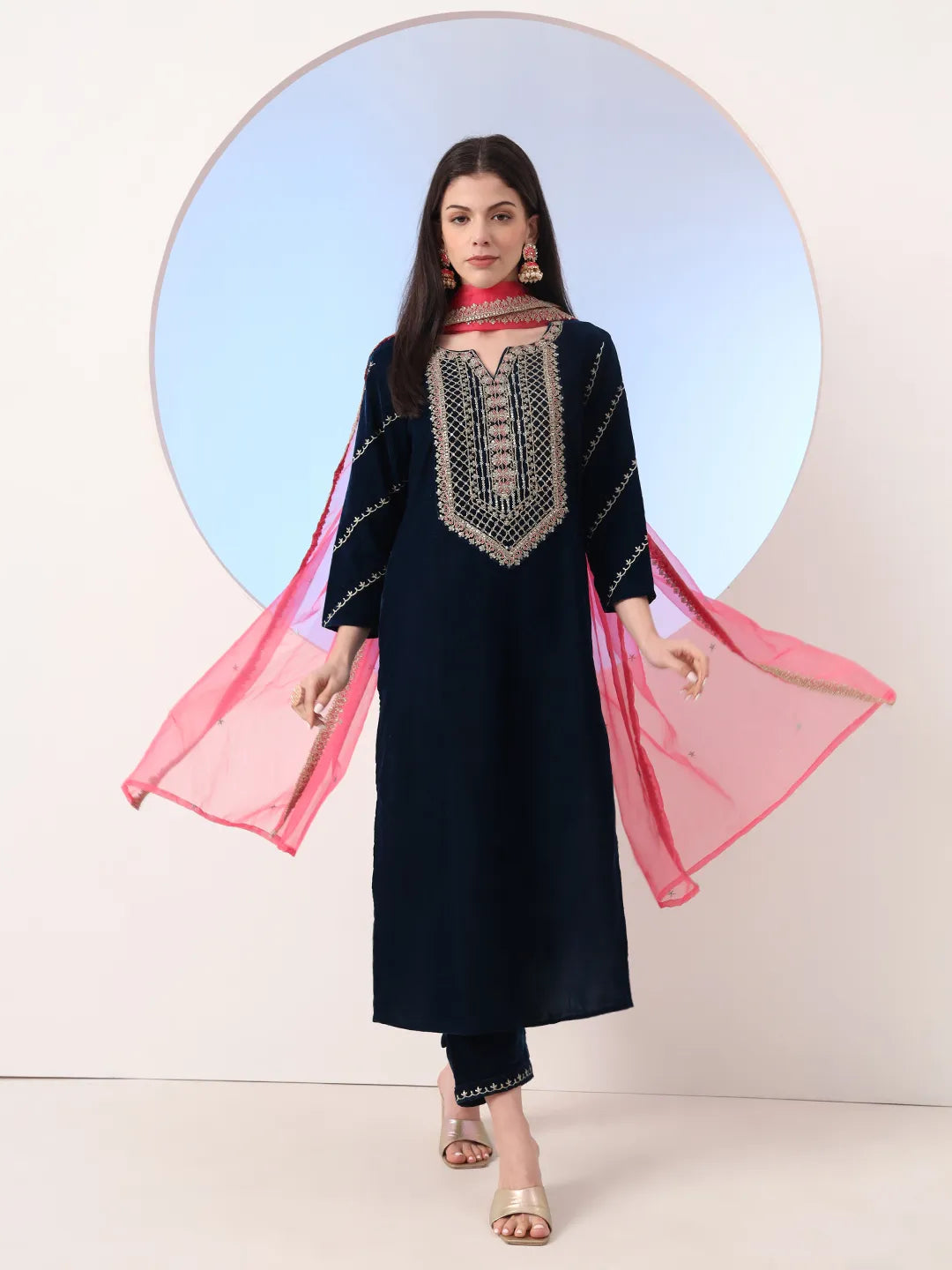 Yufta Navy Blue Velvet Zari Work Kurta Trouser Dupatta Set | Grocsy
