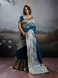 Anaita Navy Silk Blend Woven Saree With Blouse | Grocsy