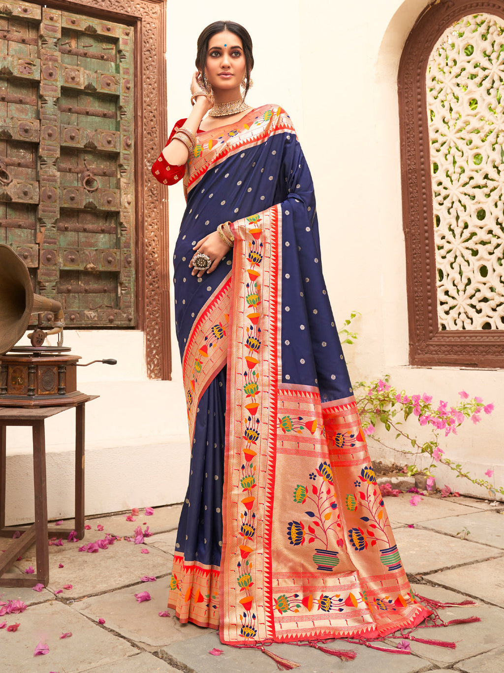 Anaita Navy Silk Saree With Blouse Piece | Grocsy