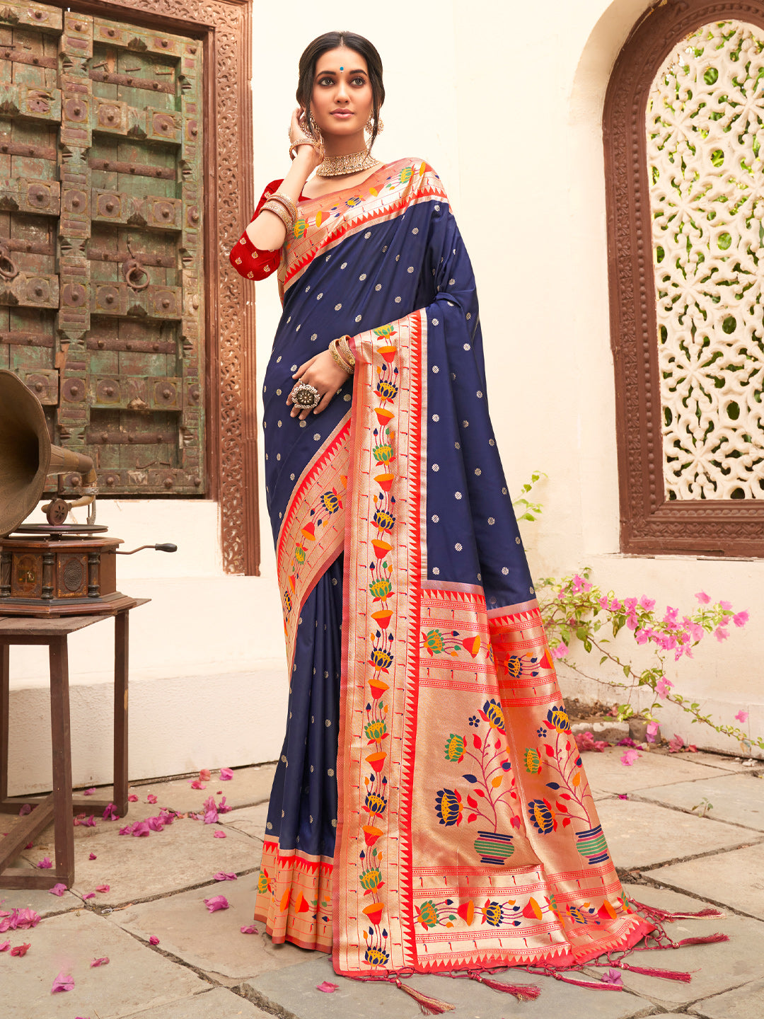 Anaita Navy Silk Saree With Blouse Piece | Grocsy