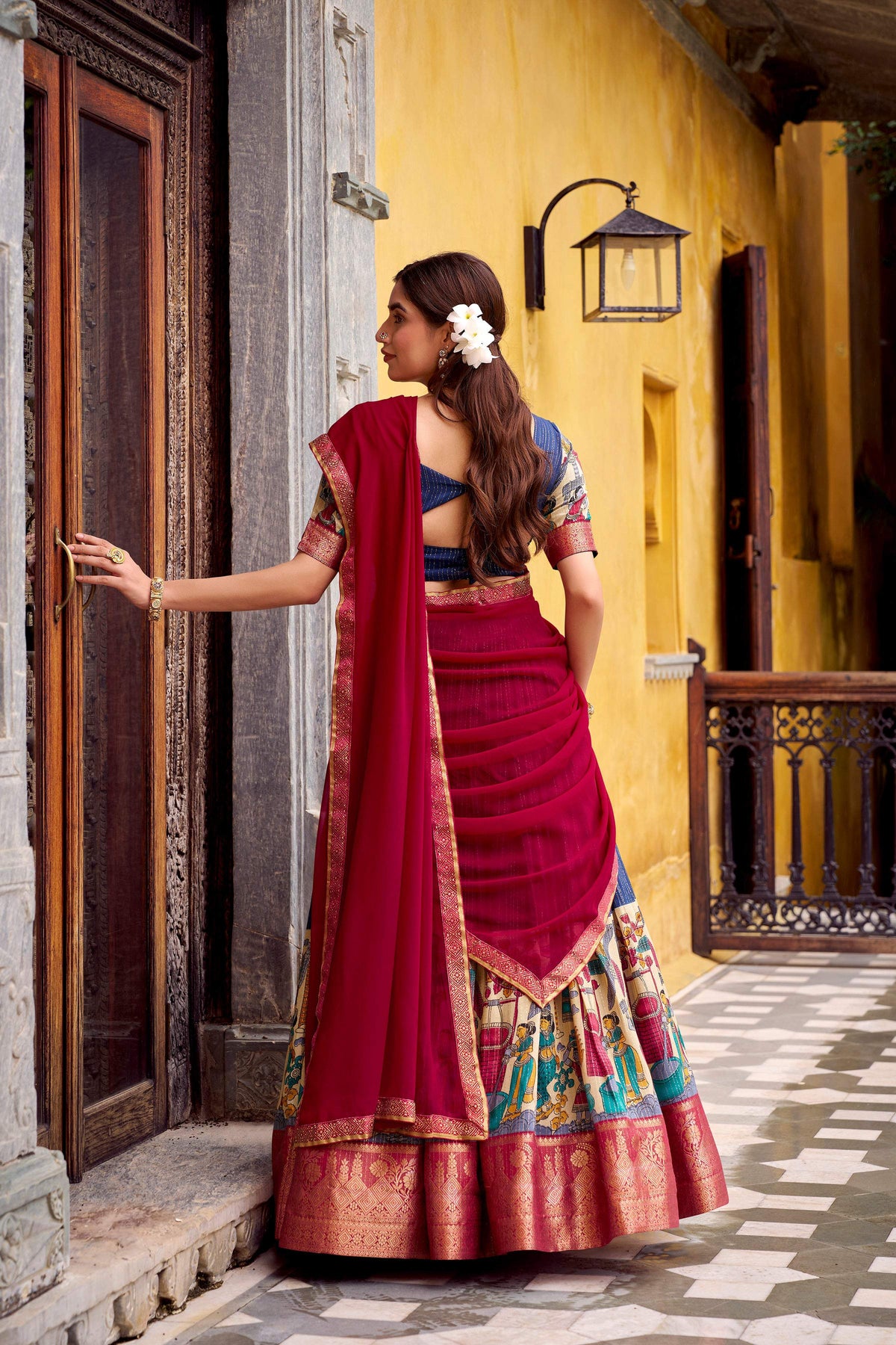 Evanik Navy Blue South Style Kalamkari Print Design Zari Work Unstitched Lehenga Choli | Grocsy