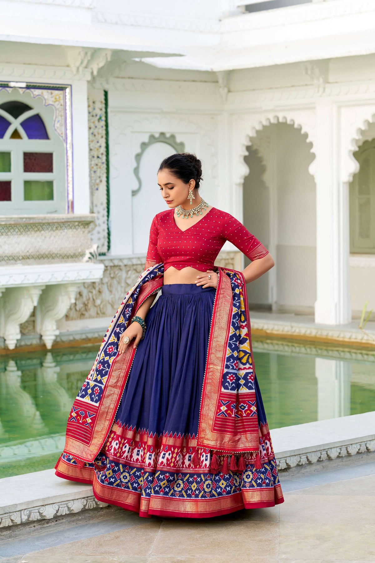 Evanik Navy Blue Traditional Style Tussar Silk Patola Print With Foil Work Unstitched Lehenga Choli | Grocsy