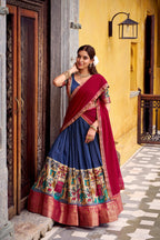 Evanik Navy Blue South Style Kalamkari Print Design Zari Work Unstitched Lehenga Choli | Grocsy