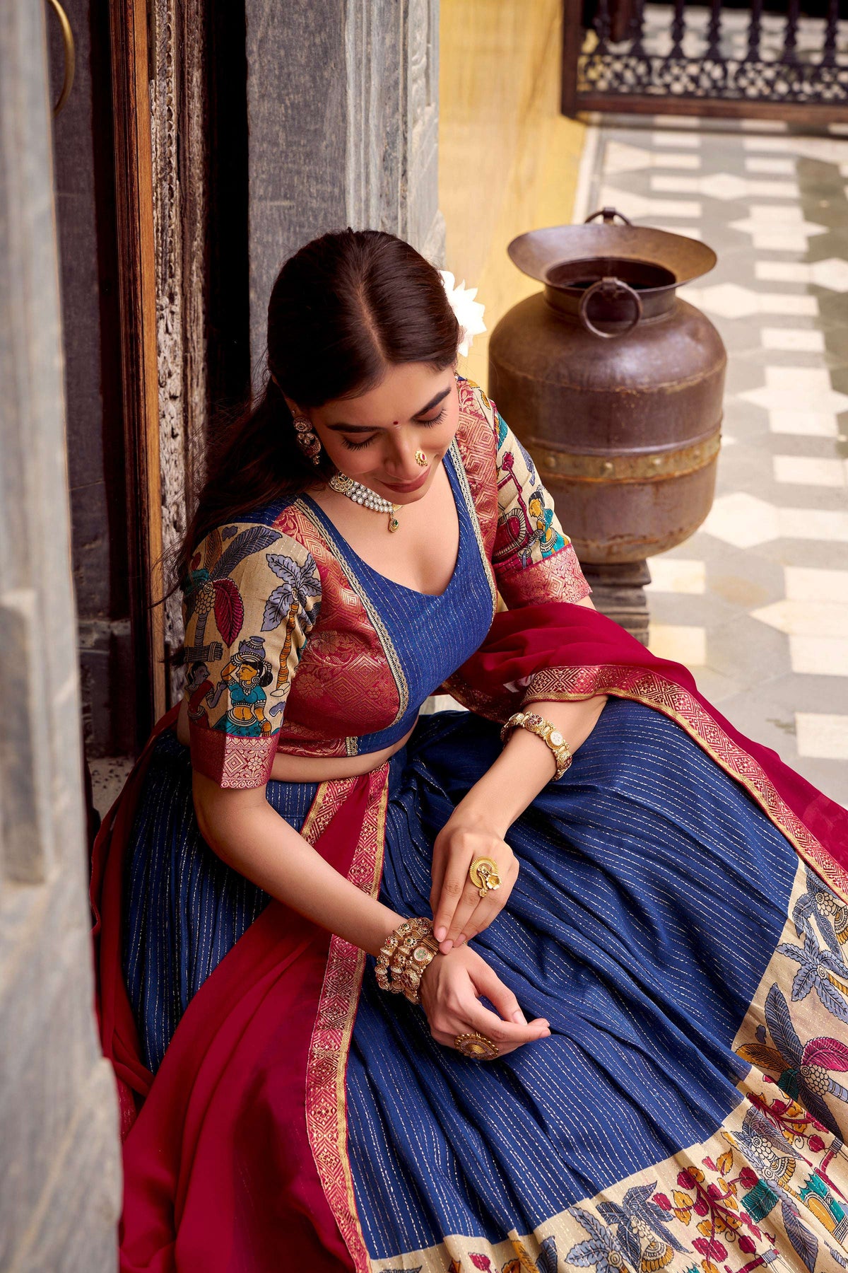 Evanik Navy Blue South Style Kalamkari Print Design Zari Work Unstitched Lehenga Choli | Grocsy