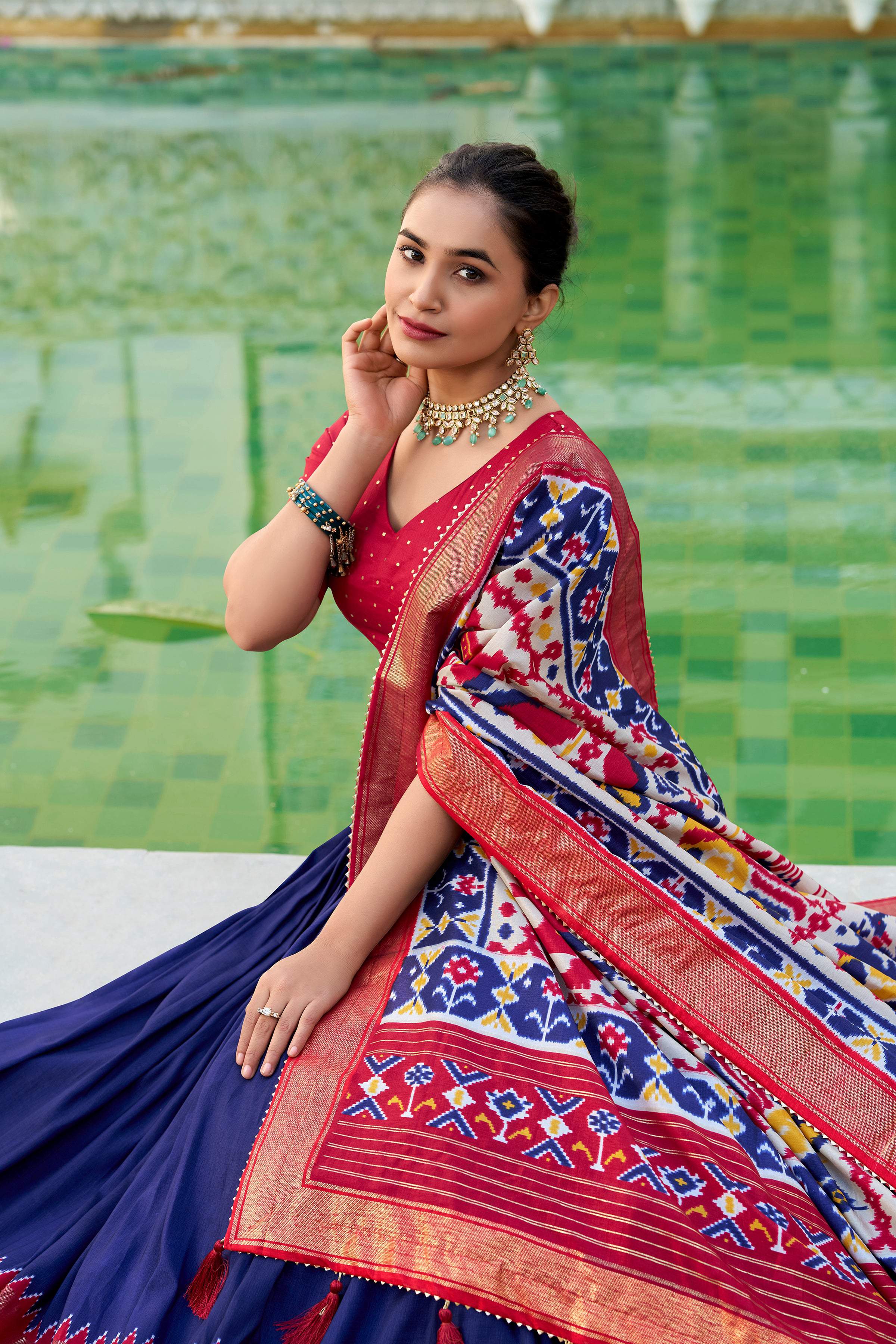 Evanik Navy Blue Traditional Style Tussar Silk Patola Print With Foil Work Unstitched Lehenga Choli | Grocsy