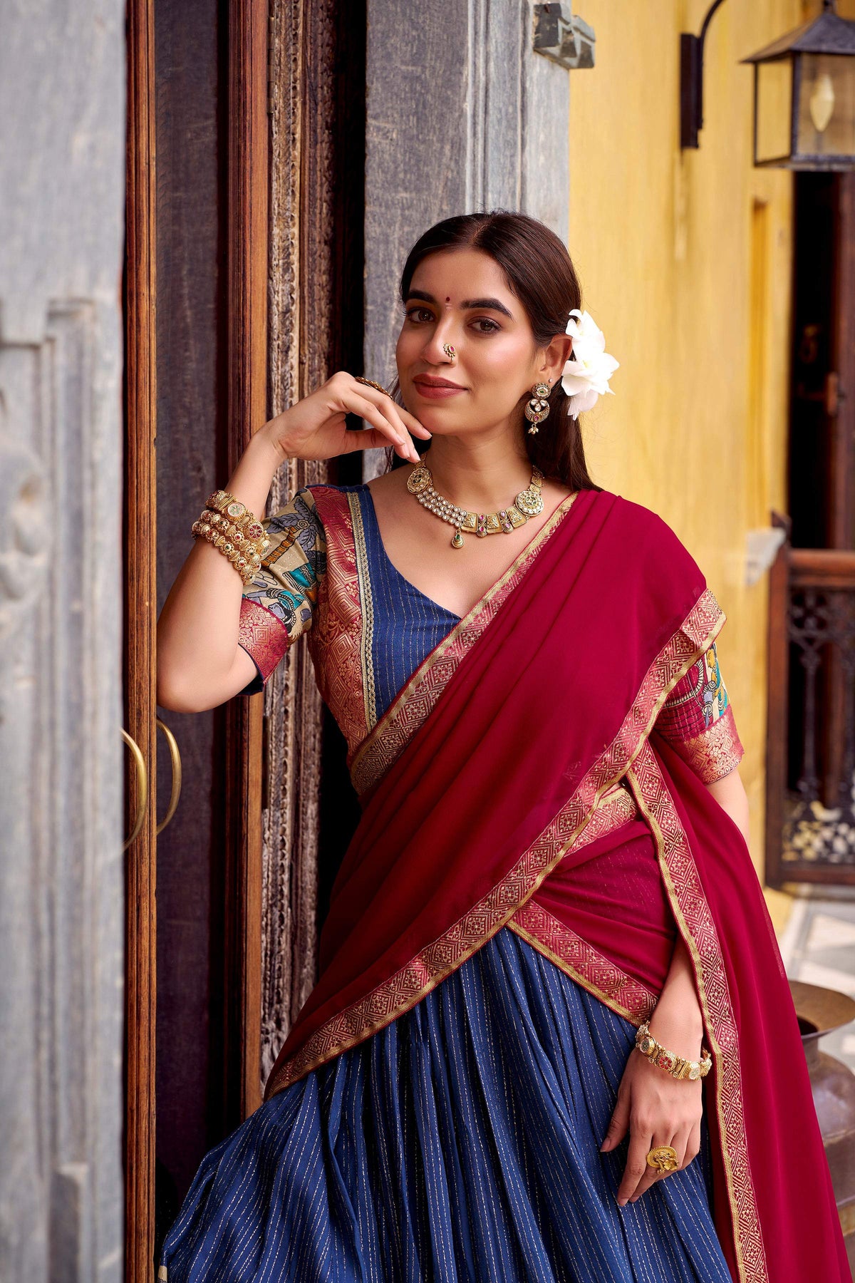 Evanik Navy Blue South Style Kalamkari Print Design Zari Work Unstitched Lehenga Choli | Grocsy