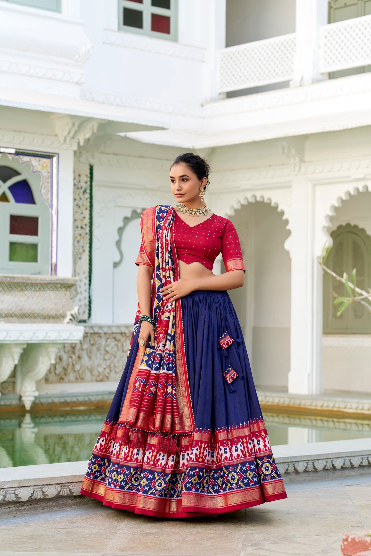 Evanik Navy Blue Traditional Style Tussar Silk Patola Print With Foil Work Unstitched Lehenga Choli | Grocsy