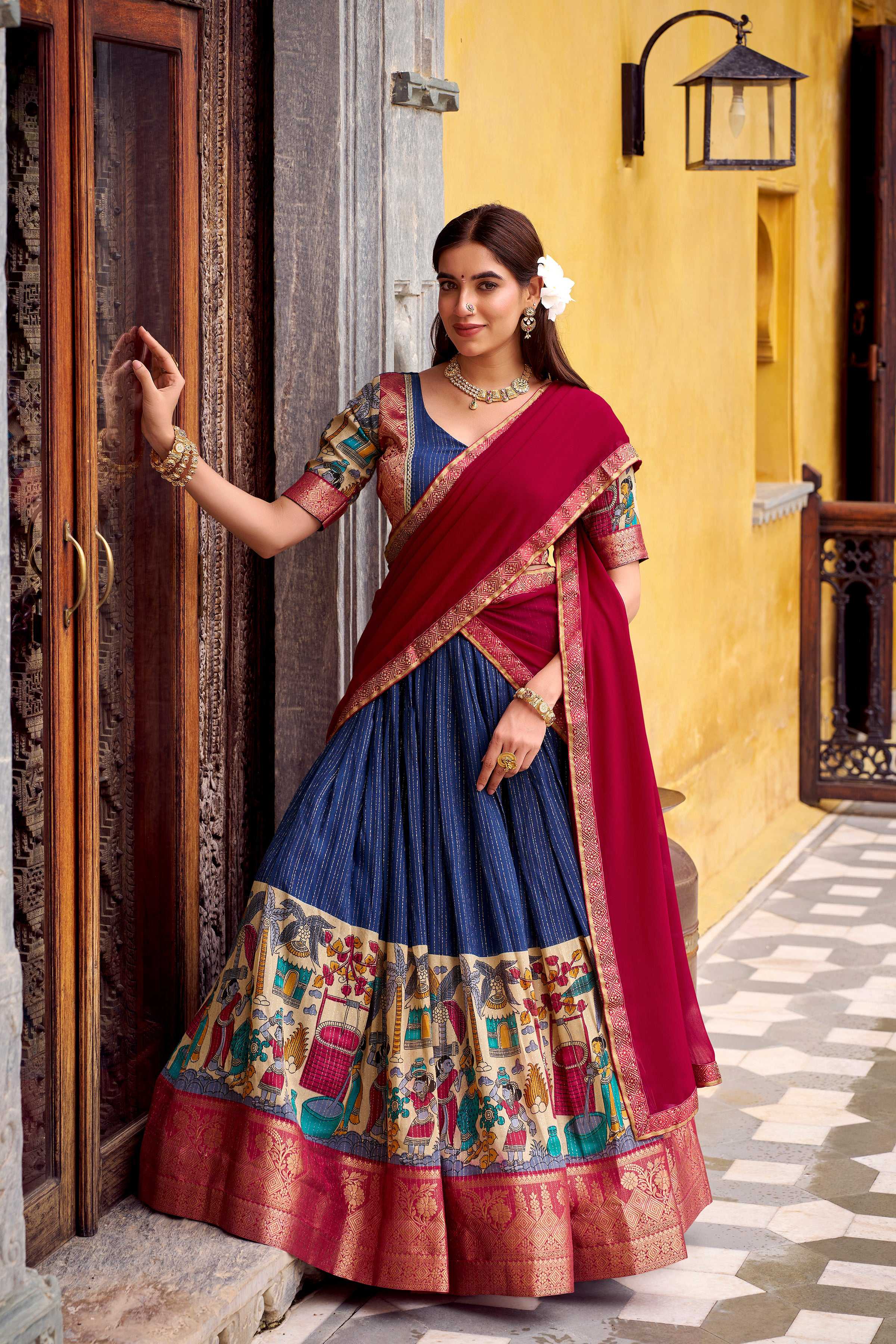 Evanik Navy Blue South Style Kalamkari Print Design Zari Work Unstitched Lehenga Choli | Grocsy