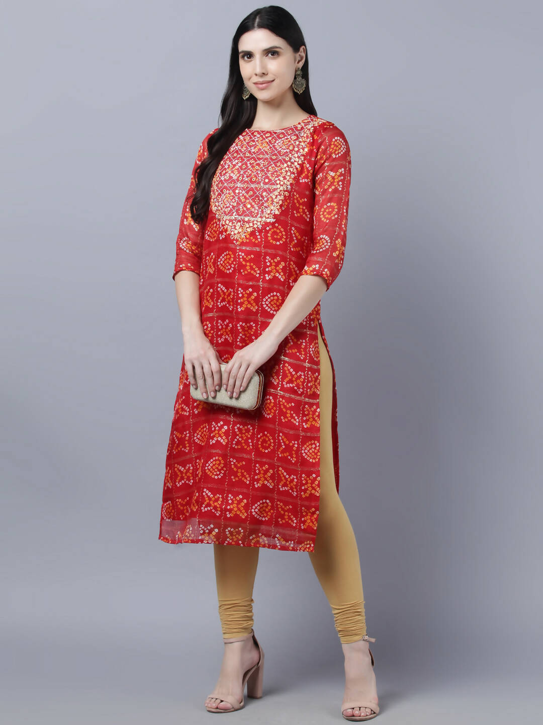Myshka Women Red Yellow Bandhani Printed Mirror Work Kurta | Grocsy