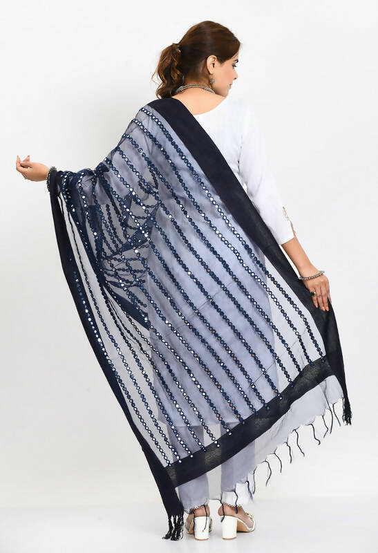 Mominos Fashion Moeza Women's Orgenza Mirror Stripe Thread Work Navy Blue Dupatta | Grocsy