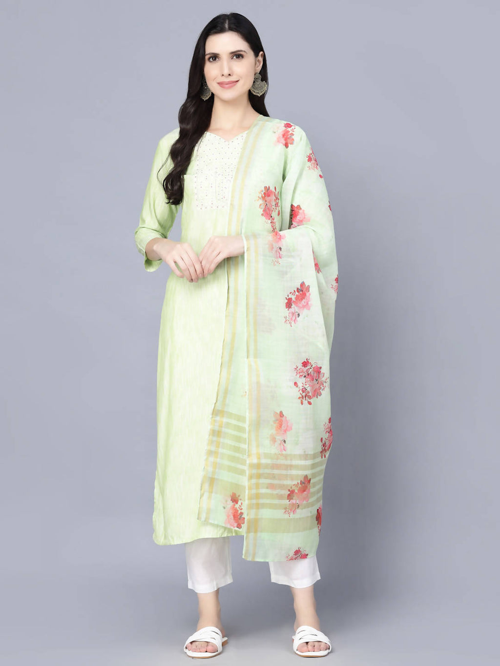Myshka Women Lime Green Floral Printed Panelled Pure Cotton Kurti with Trousers With Dupatta | Grocsy