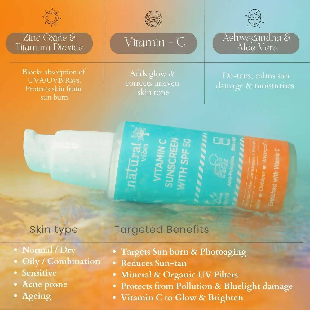 Natural Vibes Vitamin C Sunscreen SPF 50 + - UVA/UVB rays, Blue Light & Pollution Protection | Grocsy
