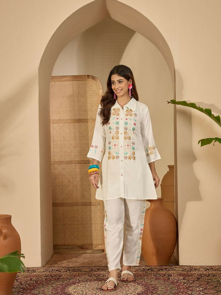 Joban Fashion Women Off-White Roman Silk Embroidered Stitched Kurta Set | Grocsy