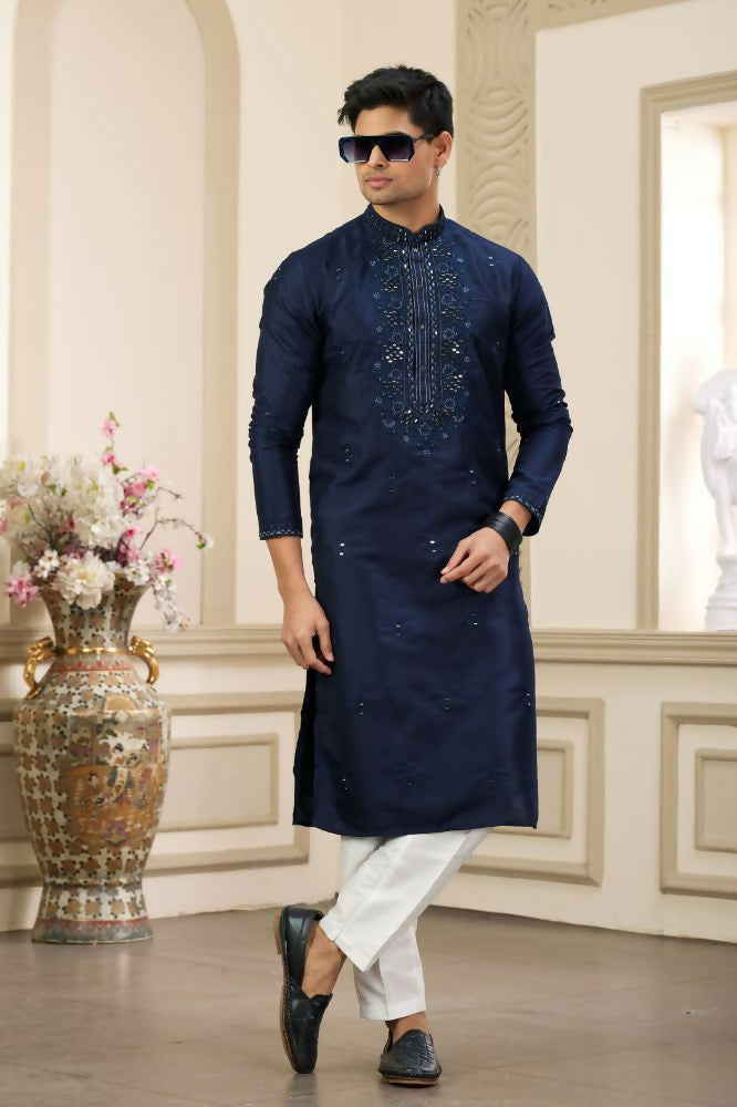 Raivat Ethnic Banarasi Art Silk Thread and Mirror Work Kurta Pajama In Blue Colour | Grocsy