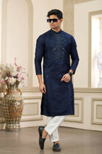 Raivat Ethnic Banarasi Art Silk Thread and Mirror Work Kurta Pajama In Blue Colour | Grocsy