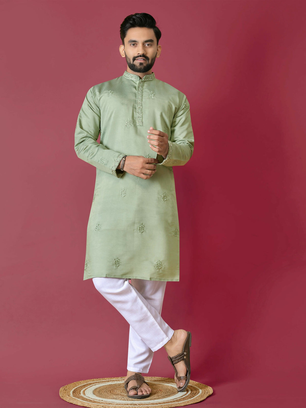 Pista Green Traditional Men's Kurta Set for Wedding by Infinity Export | Grocsy