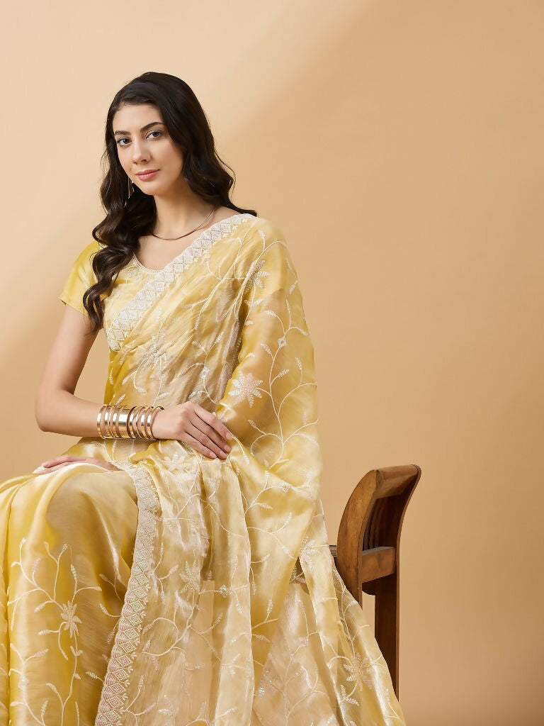 Pink Tissue Slub Embroidered Saree with Unstitched Blouse - Vairagi | Grocsy
