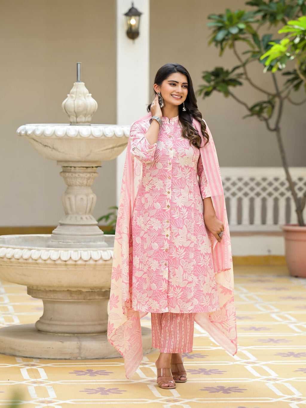 Juniper Women's Pink Floral Printed Cotton Kurta Set With Buttons | Grocsy