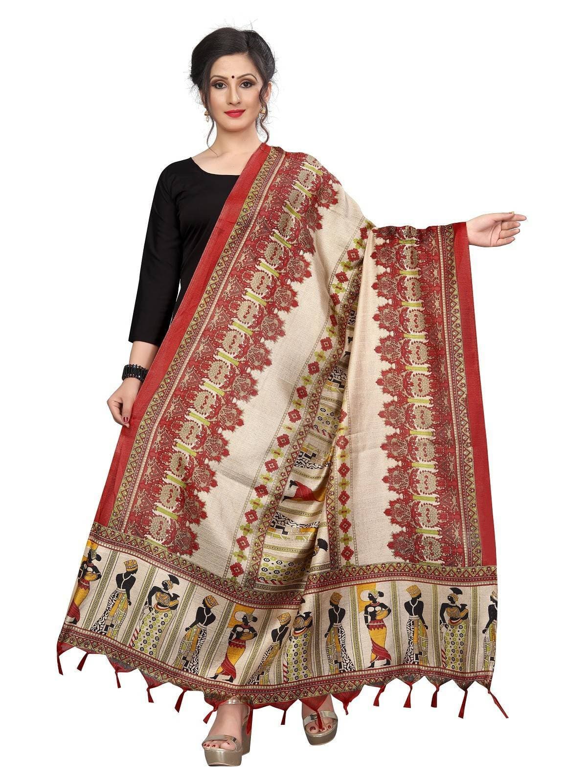 Vamika Latest Multi Colour Red Printed Khadi Bhagalpuri Dupatta | Grocsy