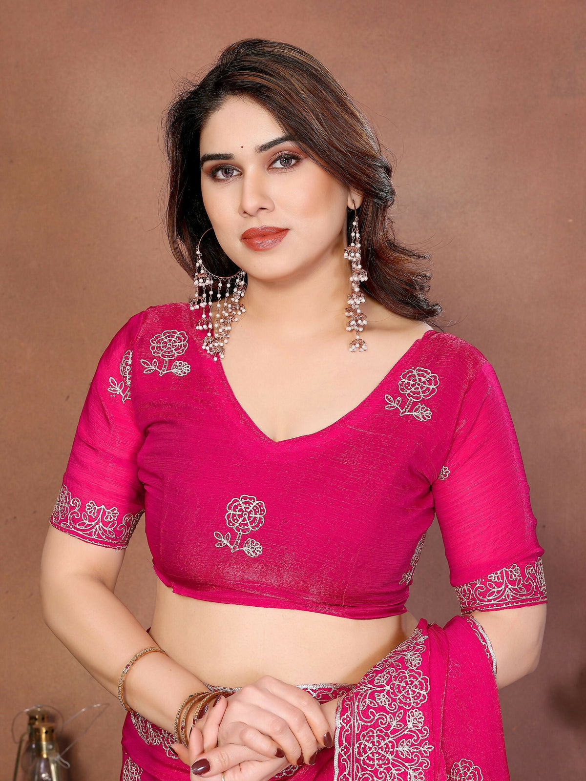 Teeya Creation New Trendy Party Wear Soft Satin Chiffon Saree-Pink | Grocsy