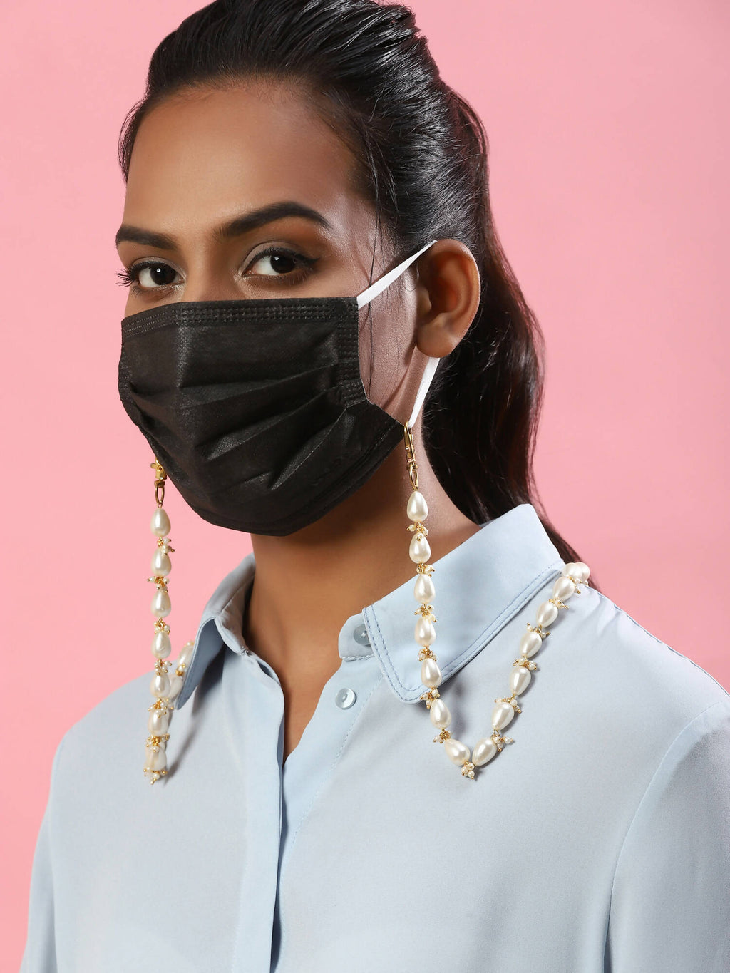 Gold-Toned White Embellished Mask Chain - Ruby Raang | Grocsy