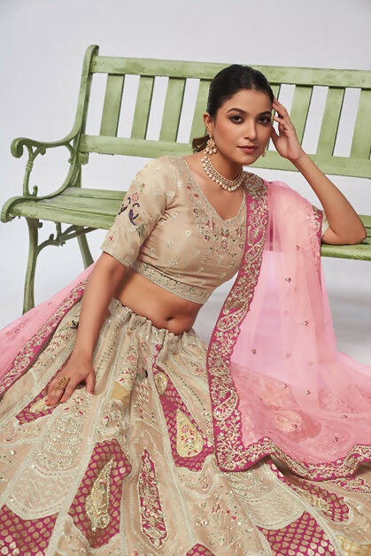 Kesar Fab Ivory Silk Embroidered Lehenga | Grocsy
