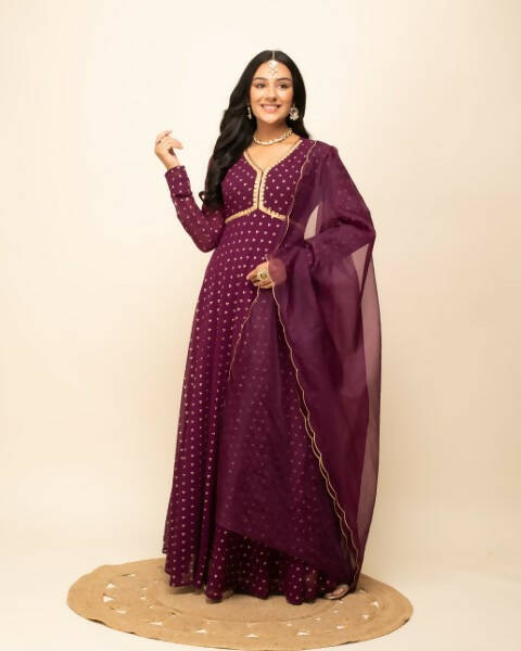 FIORRA Women's Wine Georgette Anarkali Kurta With Dupatta | Grocsy