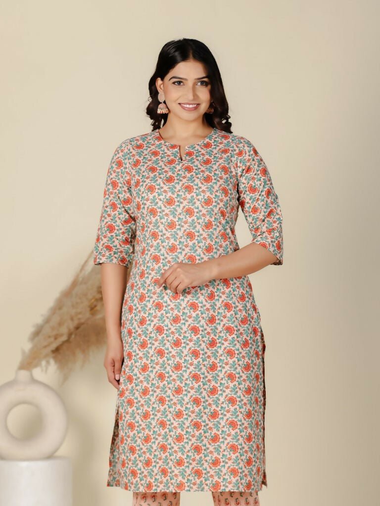 Aramya Orange Soft Cotton Floral Straight Kurta for Women | Grocsy