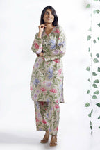 Breathables Women’S Loungewear Long Kurta Co-Ord Set Cotton Cream Floral Print | Grocsy