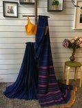 Exclusive Collection Khadi Cotton Handloom Khesh Saree With Blouse Piece - Navy Blue | Grocsy