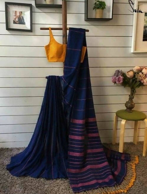 Exclusive Collection Khadi Cotton Handloom Khesh Saree With Blouse Piece - Navy Blue | Grocsy