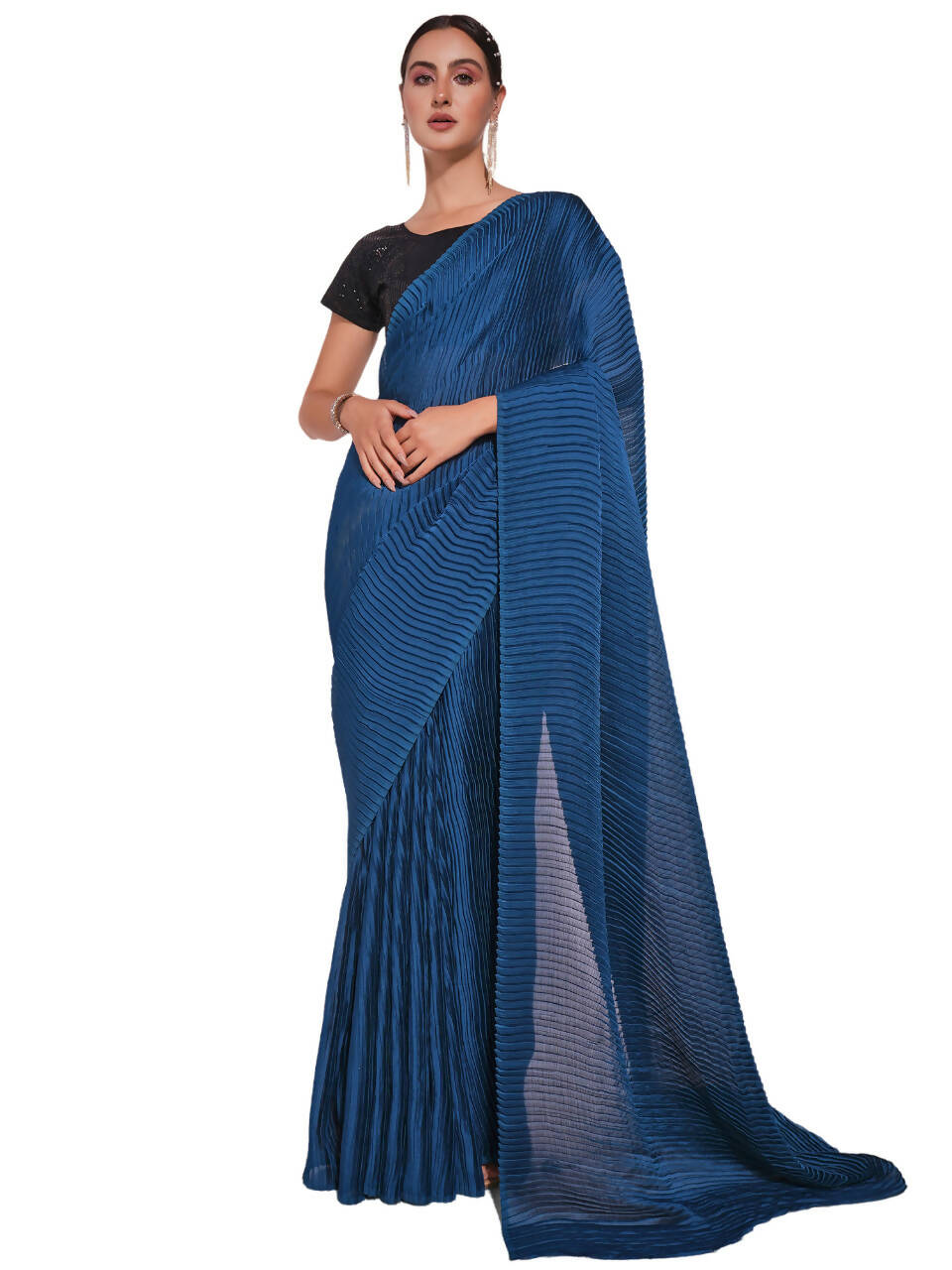 Teal Georgette Solid Texture Saree With Unstitched Blouse Piece - Rajal | Grocsy