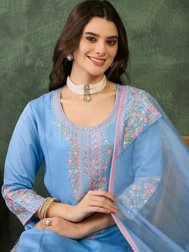 The52 Women's Gorgeous Embroidery Work Viscose Silk Fabric Straight Kurta Pant and Dupatta Set | Grocsy