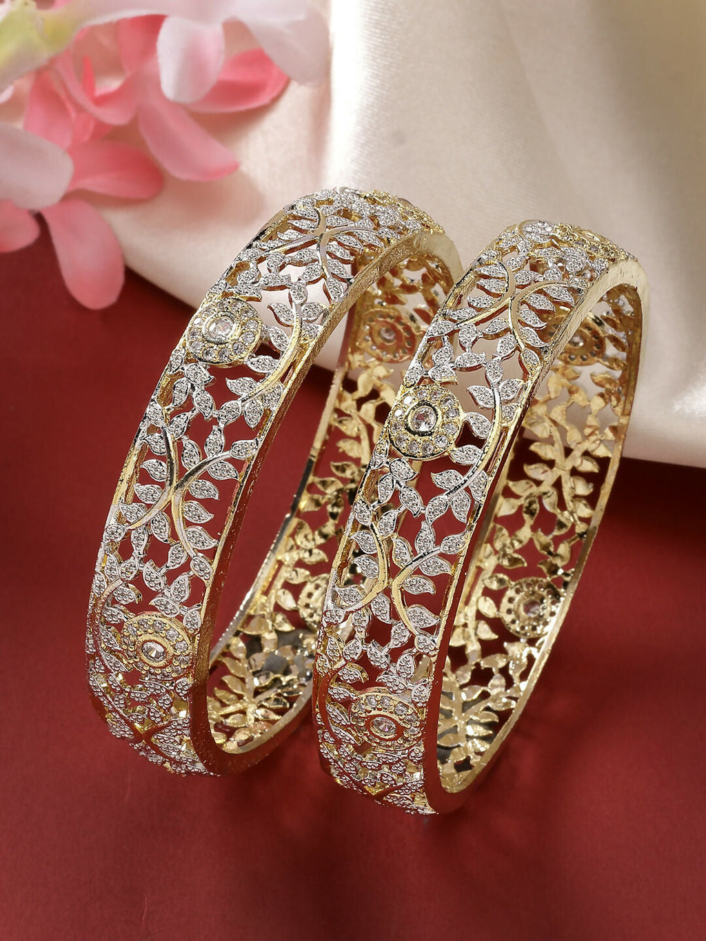 NVR Women's Set of 2 Gold-Polished American Diamond Emblished Handcrafted Bangles | Grocsy