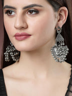 NVR Women's Silver-Plated Oxidised Contemporary Drop Earrings | Grocsy