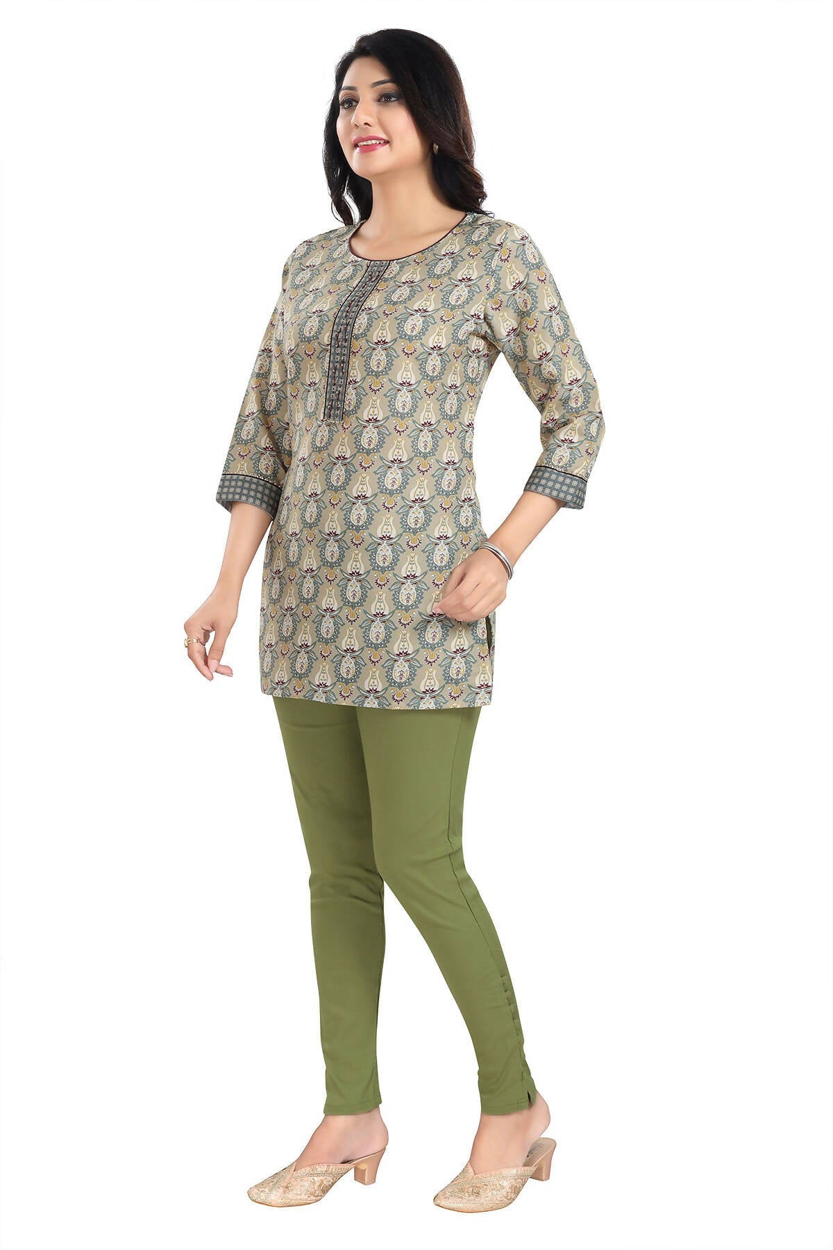 Snehal Creations Pretty Pastle Variyali Green Rayon Short Kurti Tunic Top | Grocsy