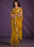 Mustard Crepe Satin Silk Embroidered Saree With Stitched Blouse - Mohmanthan Exotica | Grocsy