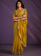 Mustard Crepe Satin Silk Embroidered Saree With Stitched Blouse - Mohmanthan Exotica | Grocsy