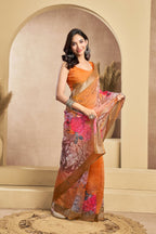 Vastranavya Orange Digital Printed Linen Ready To Wear Designer Saree with Unstitched Blouse | Grocsy