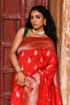Joban Fashion Red Handwoven & Zari Work Soft Pure Handloom Banarasi Silk Saree | Grocsy
