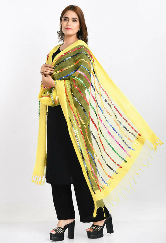 Mominos Fashion Moeza Women's Orgenza Multi Thread Mirror Work Lemon Yellow Dupatta | Grocsy