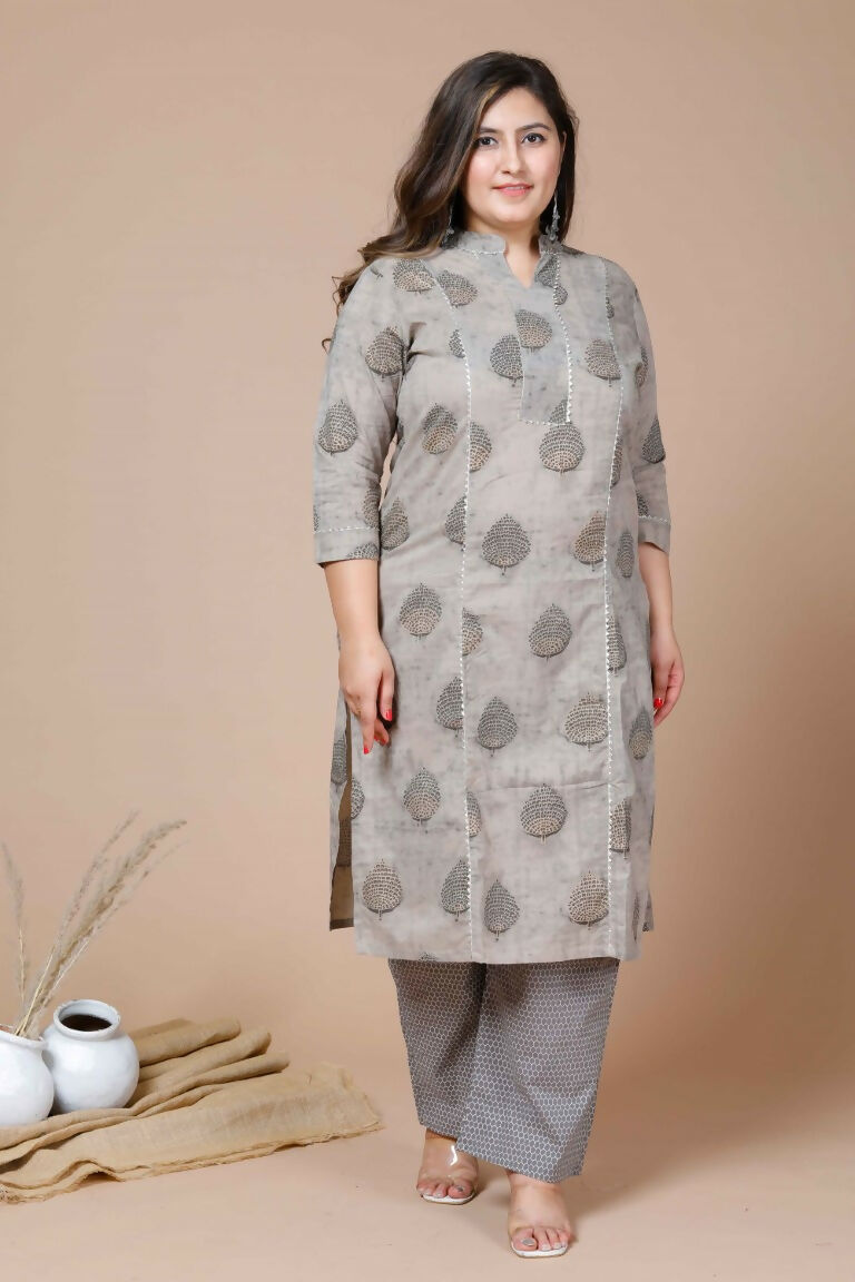 Miravan Women's Plus Size Beige Printed Gota Patti Pure Cotton Kurta With Palazzo | Grocsy