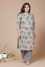 Miravan Women's Plus Size Beige Printed Gota Patti Pure Cotton Kurta With Palazzo | Grocsy