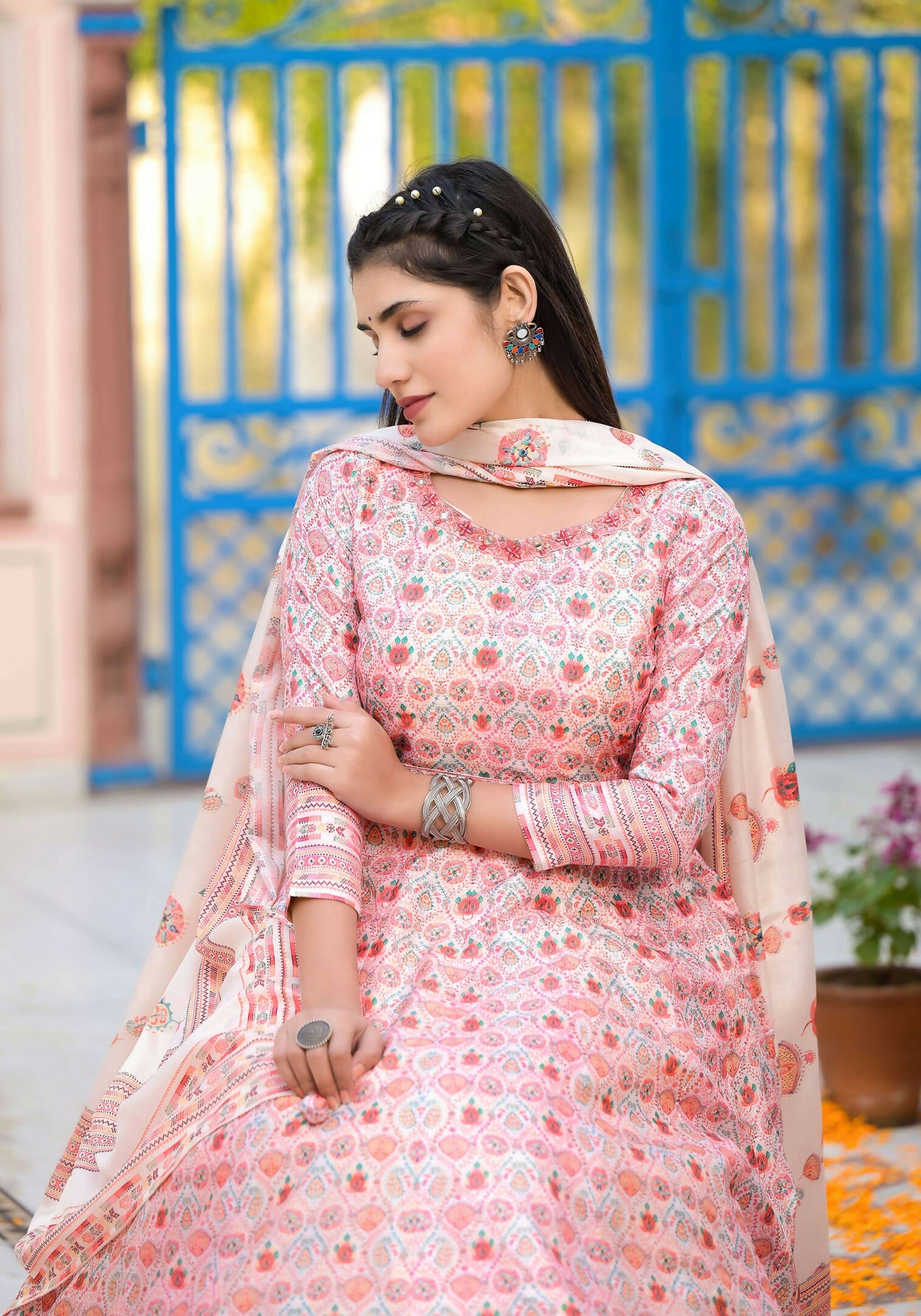 Functional Designer Off White-Light Pink Dola Silk Anarkali suit with Dupatta - Ramya | Grocsy