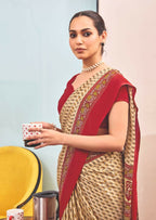 Joban Fashion Cream Crepe Silk with Traditional Print Saree | Grocsy